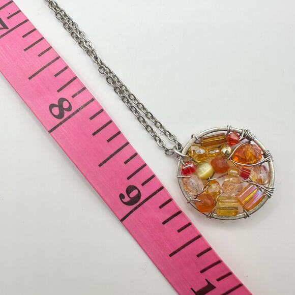 Sterling Silver 925 Wire Wrapped Round Orange Bead Pendant Beaded Chain Necklace - Picture 5 of 8